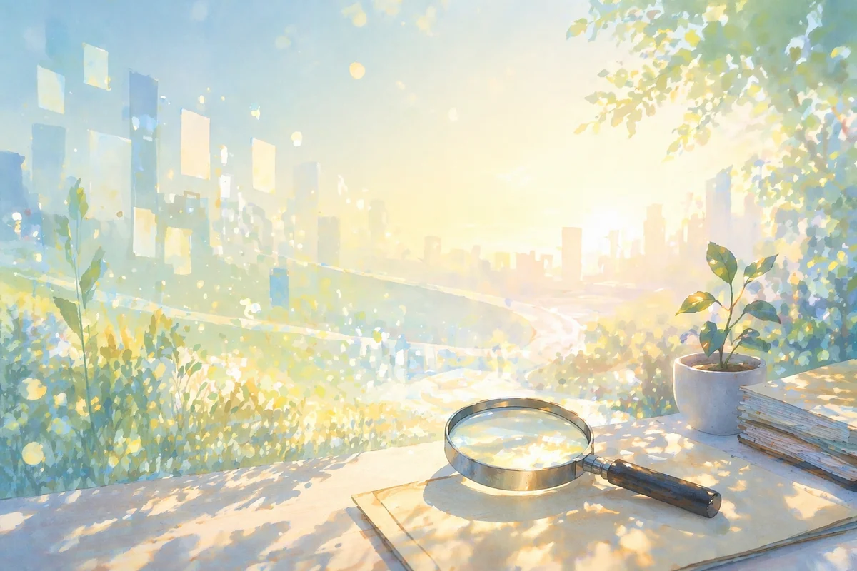 机上の一冊の冊子を主役に、手前の書類台から奥の棚へ視線が伸びる静かなオフィスイラスト