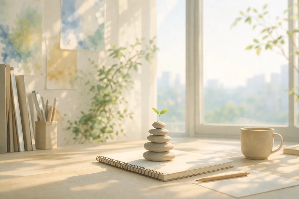 窓辺の机に積まれた小石と芽、手前のノートから奥の緑と光へ視線が抜ける明るい室内イラスト