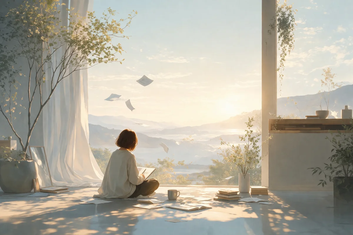 大きな窓辺で紙を手に座る小さな人物と、朝の光の先へ霞む山並みが奥まで続く静かな室内風景