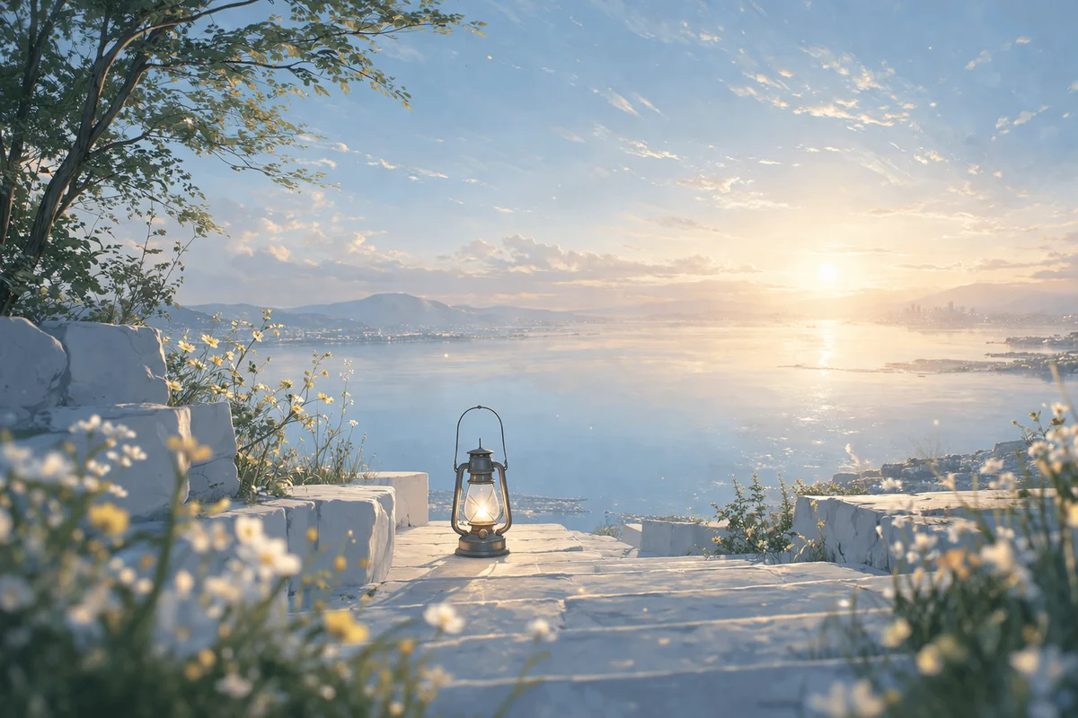 白い花に囲まれた石段のランタンの先に静かな水辺と遠景の街並みが奥へ淡く広がる風景