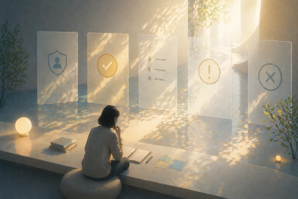 座る小さな人物の前に、奥へ並ぶ透明な案内板が社内相談前の判断の揺れを映す空間