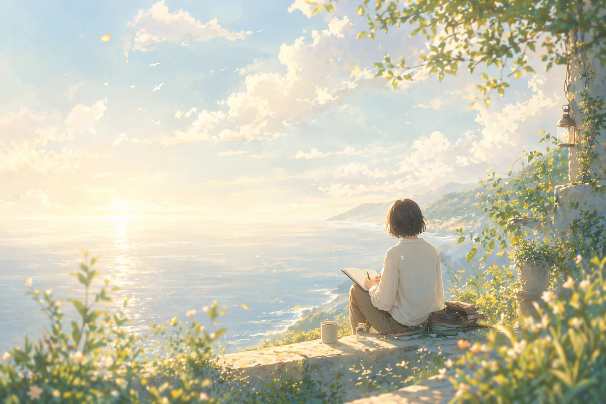 海辺の段差に腰かけてノートを開く人物の先に、光る水面と遠い海岸線が静かに続く風景