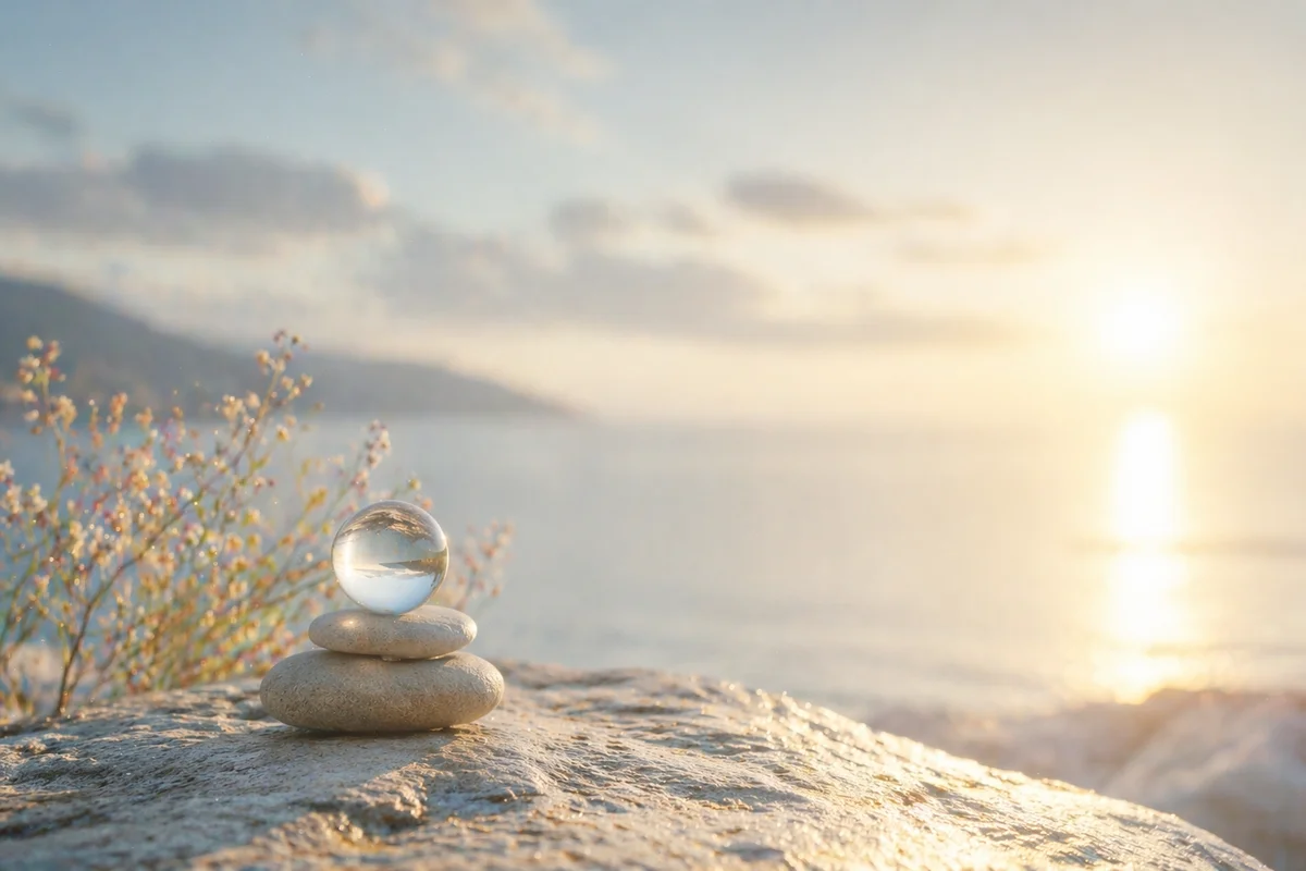 海辺の岩上に重ねた石と透明な球体が置かれ、やわらかな光の先へ静かに水平線が伸びる奥行きのある風景