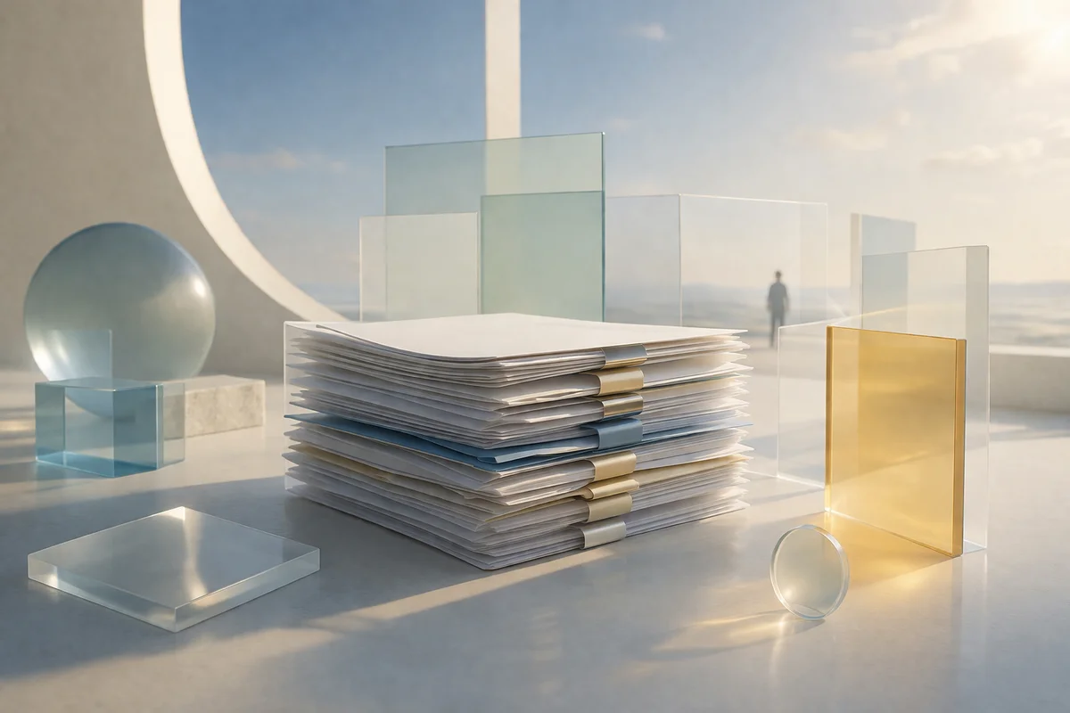 重なり合う半透明の管理プレートが一つの空間に整列し、奥の執務空間へ抜ける全体像を示すイラスト