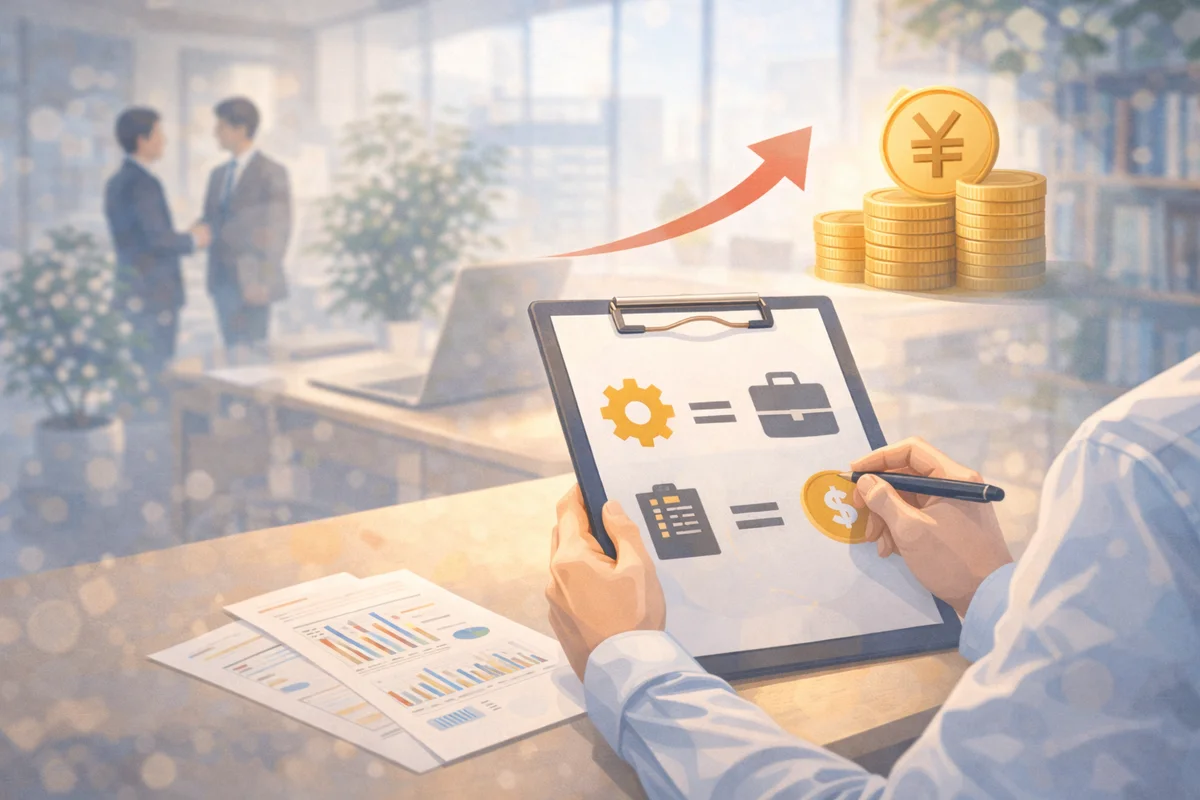 机に向かう人物の背後に判断を示す書類が浮かび、不安と選択の間に揺れる奥行きある場面