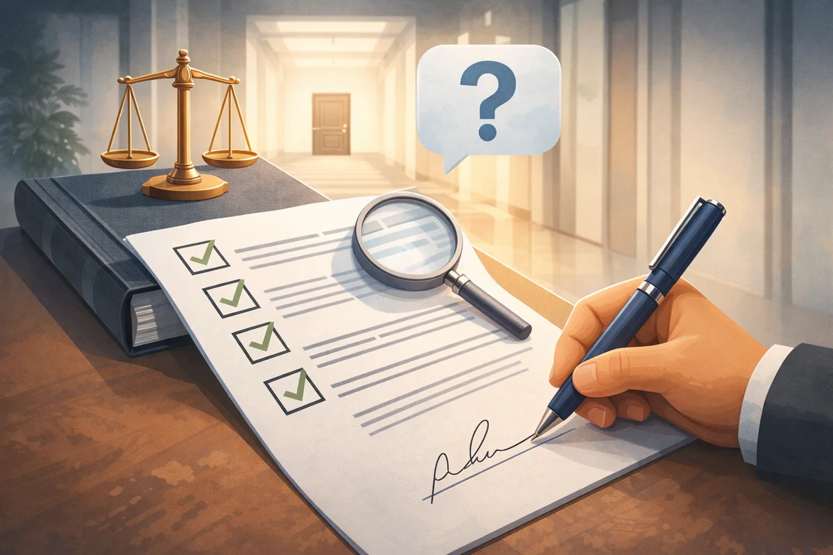 机上の書類とルーペの向こうに明るい廊下が伸びる、確認前の静かなオフィス風景