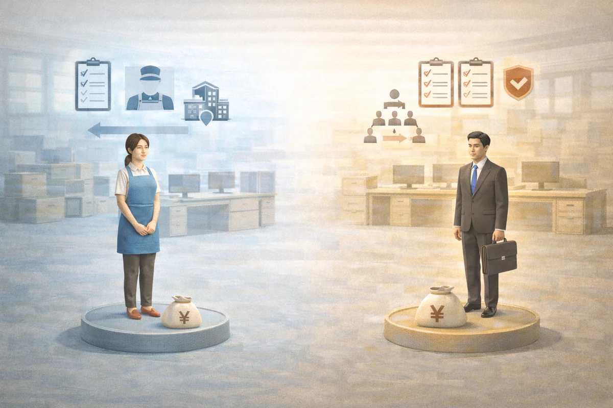 責任範囲と働き方の違いを、奥行きある職場の配置で表したイラスト