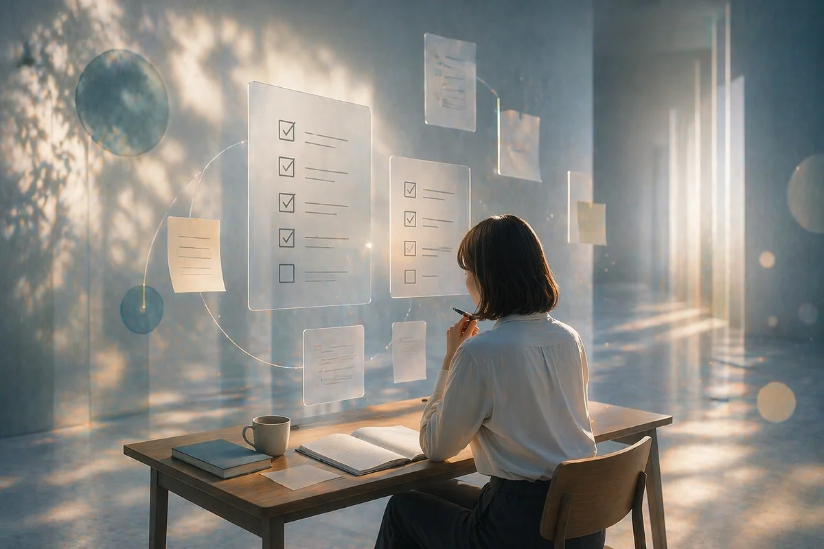 机に向かう小さな人物の前に半透明の整理板が浮かび、判断に迷う静かな奥行きが続く空間