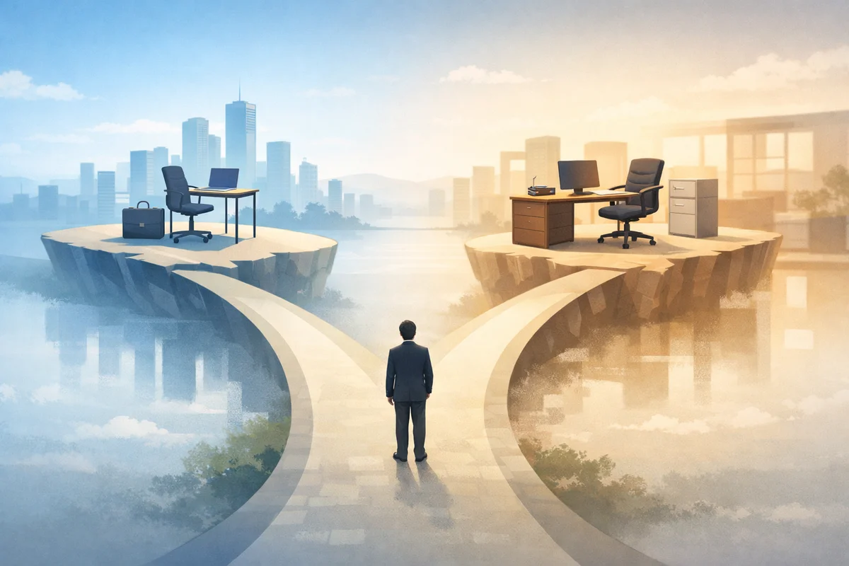 二つの執務空間へ向かう曲線通路の手前で、進路を見つめる人物を遠景で描いた横長イラスト