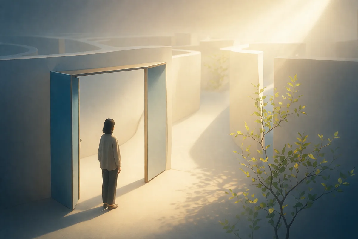 開いた扉の前に立つ小さな人物と、奥へ続く明るい通路が休息前の静かな模索を映す空間