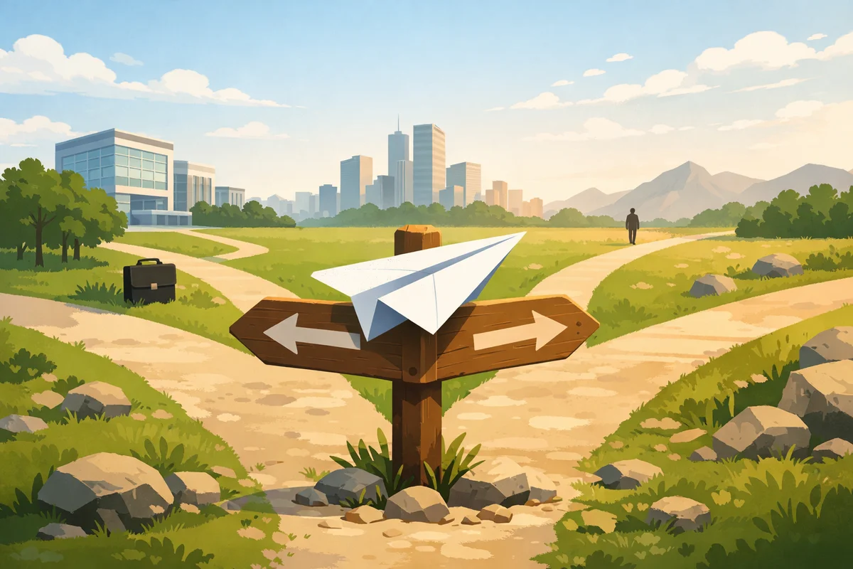 紙飛行機が載る道しるべの奥に街と山道が続き、小さな人物が遠景に立つ静かな分岐の風景