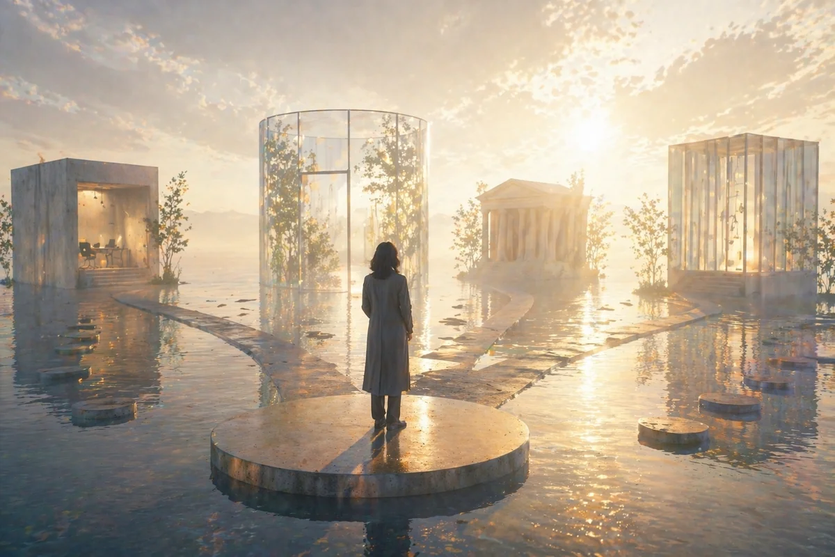 円形台に立つ一人の前に性質の異なる三つの空間が奥へ並び、離れられない状況の中で出口を探る朝の景