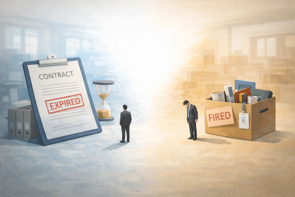 契約満了と終了判断の境目を、奥行きある書類空間で静かに表したイラスト