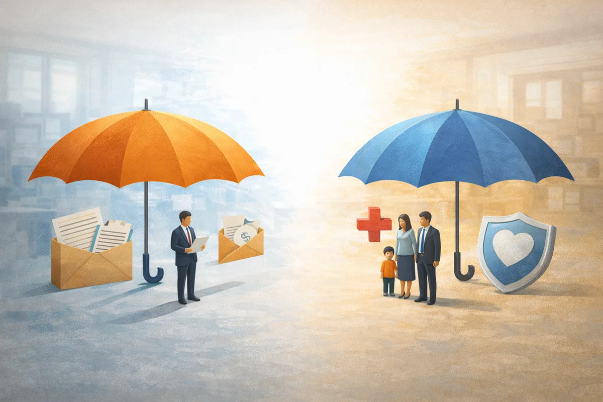 加入条件と保障の役割の違いを、奥行きある制度の配置で表したイラスト