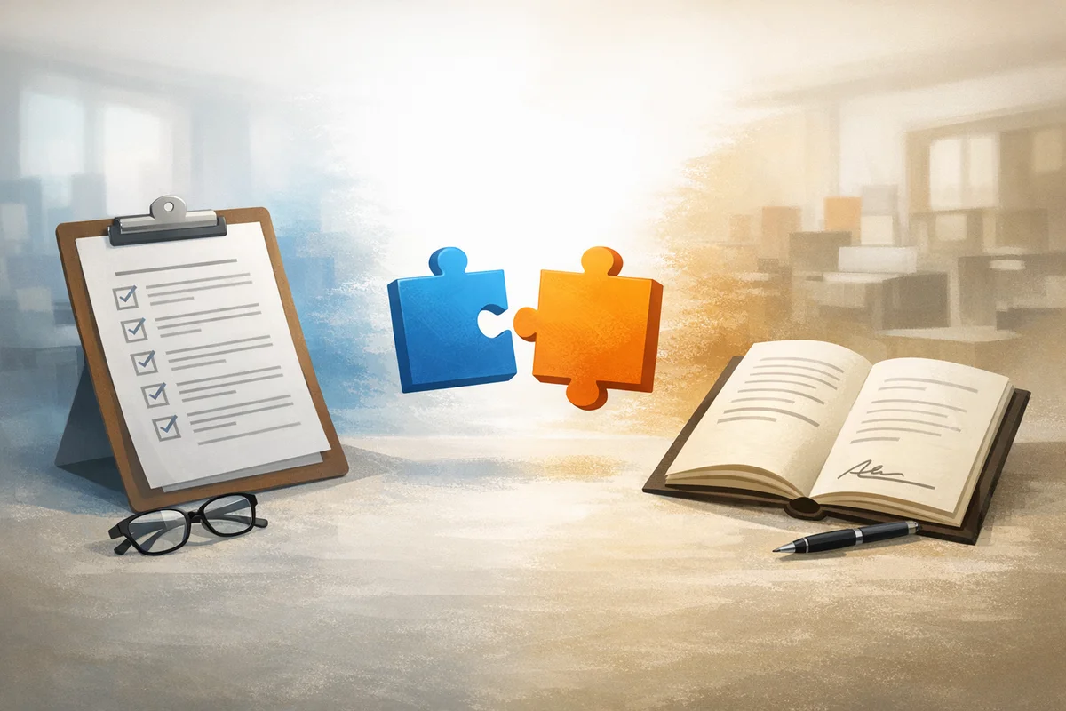 労働条件を示す書面と契約の接続を、奥行きのある空間で表したイラスト