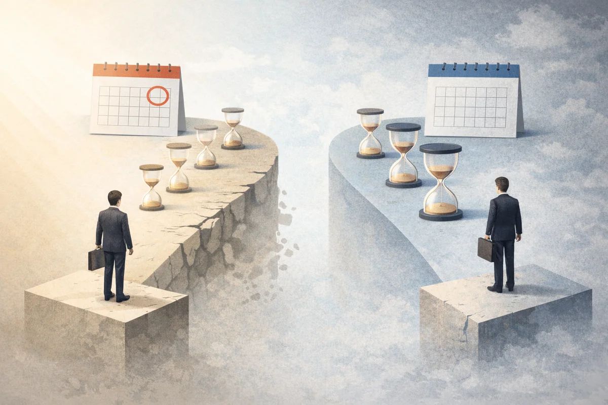 更新と安定性の違いを、砂時計と広さの異なる足場で示す構図