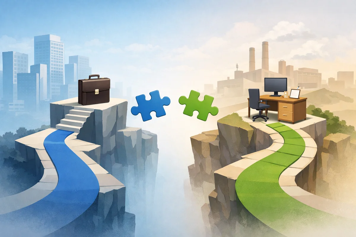 雇用範囲の違いを示す二つの足場と接続されないパーツが奥に浮かぶイラスト