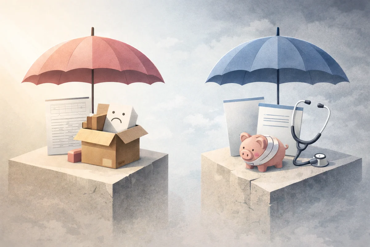 雇用保険と社会保険の役割の違いを、二つの傘と守られる対象で示す構図