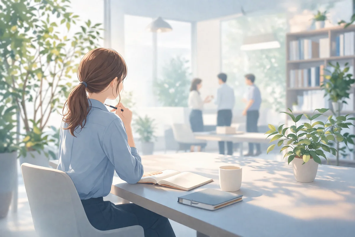 明るいオフィスの机上にノートとノートPCが置かれ、奥で人々が話す静かな奥行きの場面