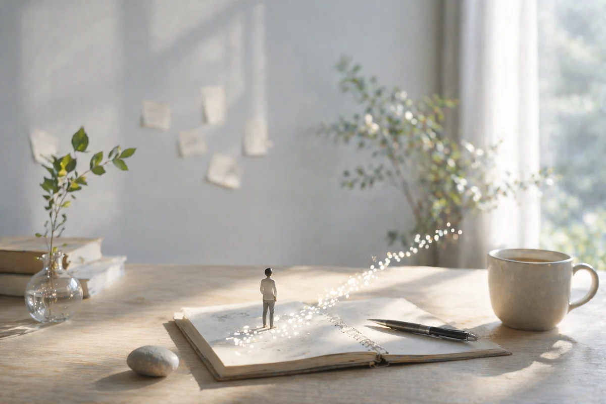 余白のある静かな室内で、控えめな光の中に小さな積み重ねが奥へ続く整理された風景