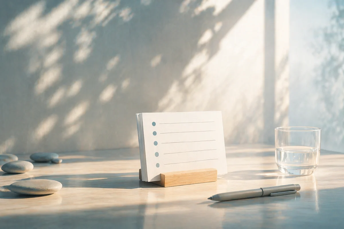 余白のある机上で木台に立つ白いカード束が、事実を短く整理する静かな準備を映す場面