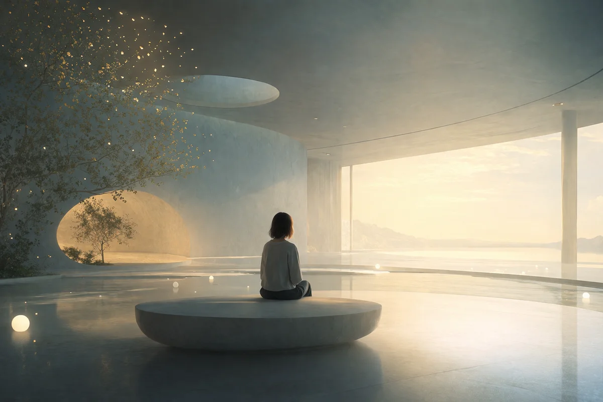 光が差す静かな広い室内で、小さな人物が丸い台に座り、奥へ開く景色を見つめるイラスト