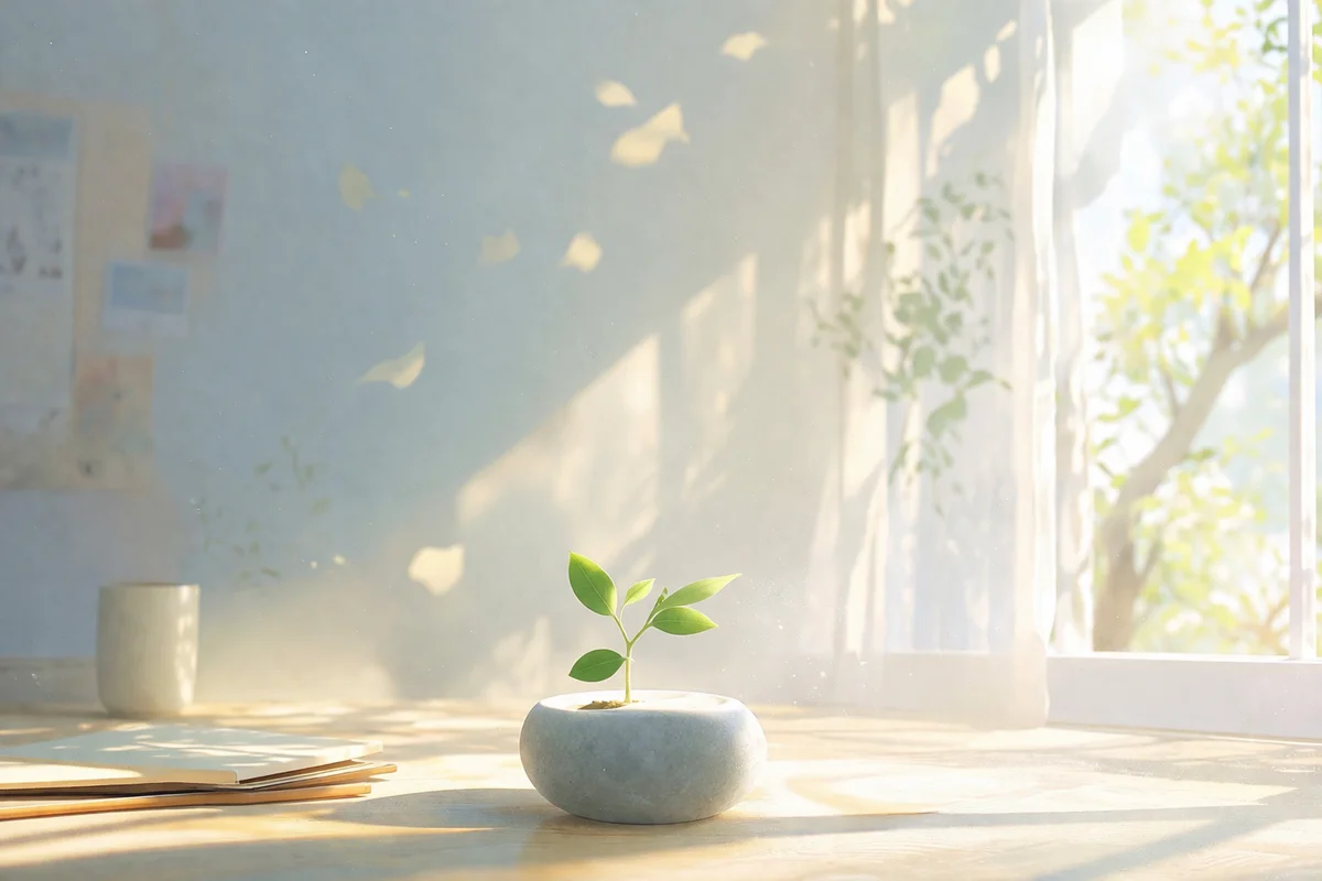 光の差す窓辺で小さな芽が石の鉢から伸び、奥へ静かに広がる余白のある室内風景とやわらかな空気