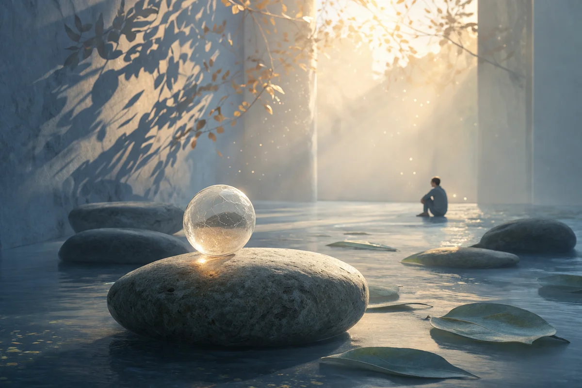 静かな水面に置かれたひび入りの球体と、奥で座る小さな人物が限界前の立ち止まりをにじませる空間