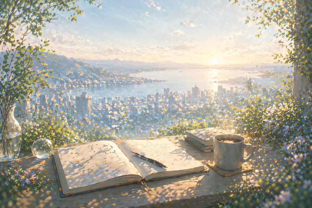 花に囲まれた机上の開いたノートとマグの向こうに、街並みと水辺の光が奥へ広がる風景