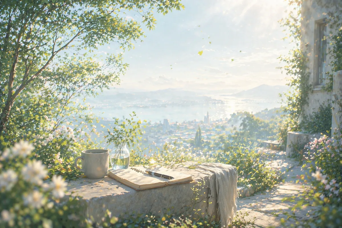 石のテラスに開いたノートとマグが置かれ、花と木々の先に街と水辺がやわらかく遠のく風景