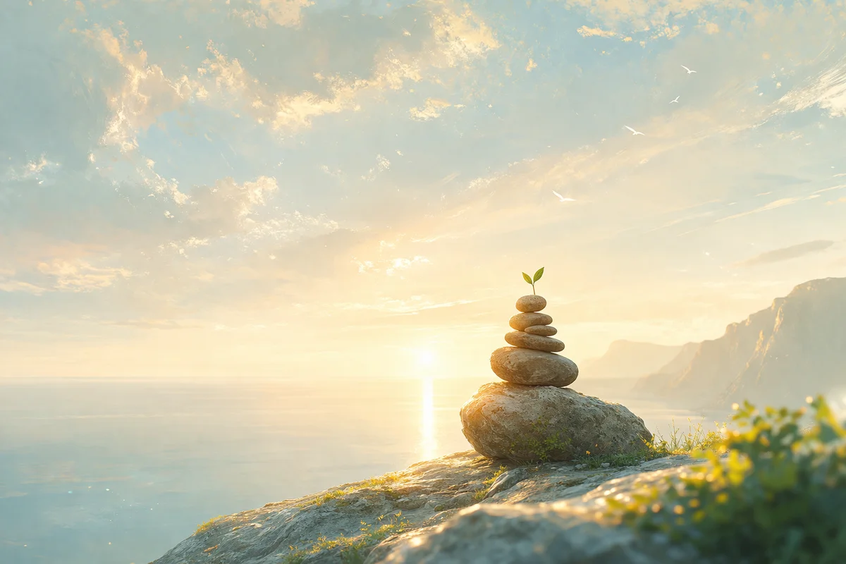 朝光の海辺の岩上に積まれた石と小さな芽、その奥へ静かに広がる空と水面と遠い断崖