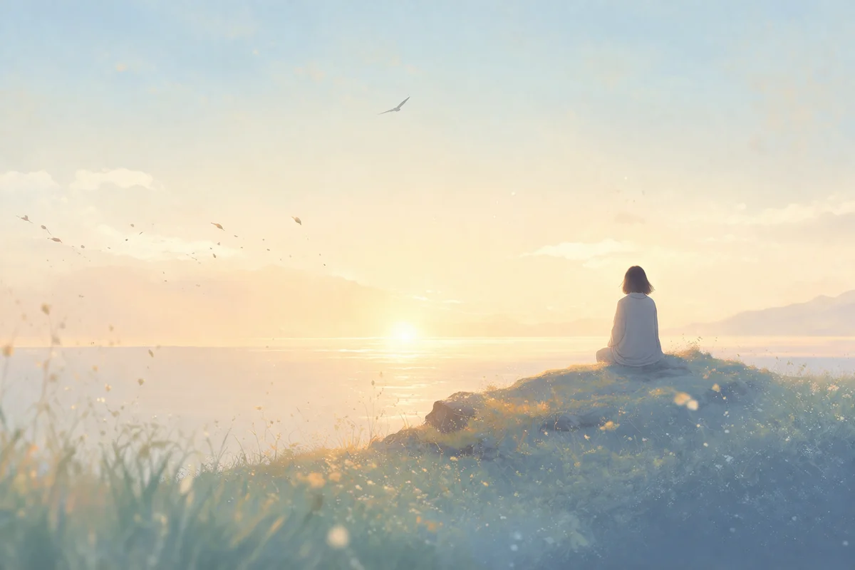 朝焼けの海を見下ろす岬の小さな人物と、水平線へ光が抜ける静かな奥行きのある風景空間