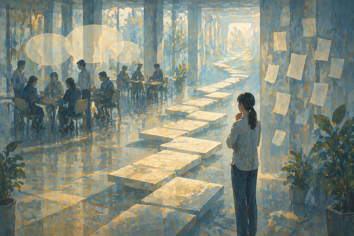 話し合いの輪が止まった職場で、奥へ続く踏み石を見つめ次の一手を探す静かな空間