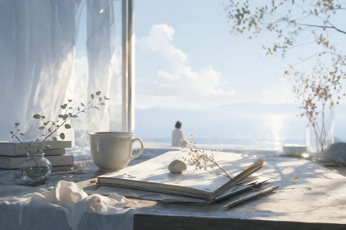 窓辺の机に開いたノートとマグが置かれ、奥に小さな人物がにじむ静かな室内風景