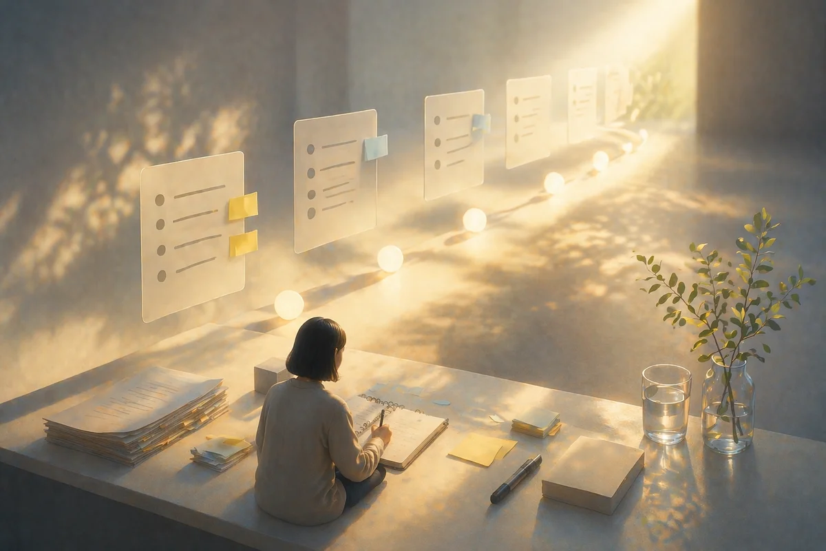 机上で時系列を整理する小さな人物と、奥へ順に並ぶ透明な要点板が相談前の準備を示す空間