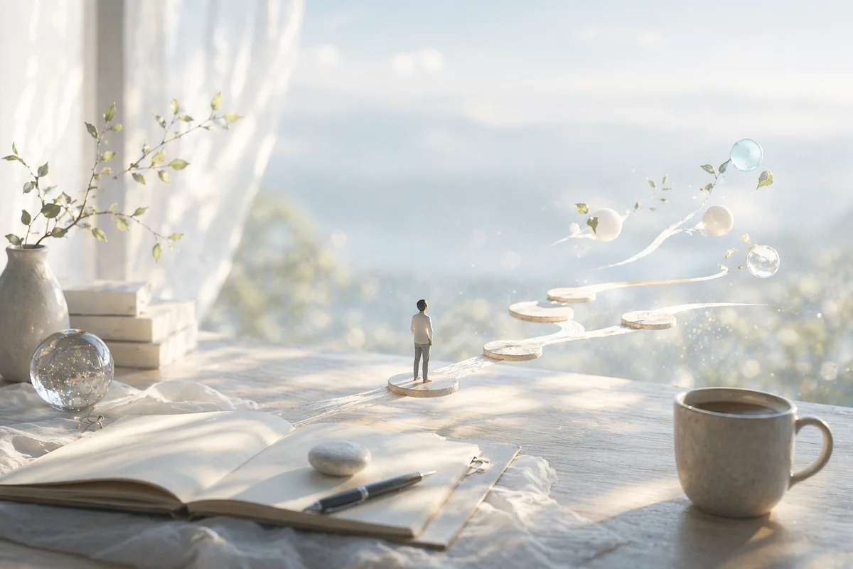 明るい卓上で小さな人物の前に淡い踏み石が奥へ伸び、静かな広がりを感じる風景