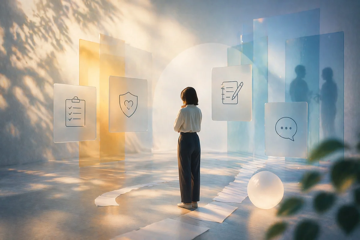 少し距離のある椅子と静かな室内の奥行きが、境界の曖昧さと身を守る準備を示す情景