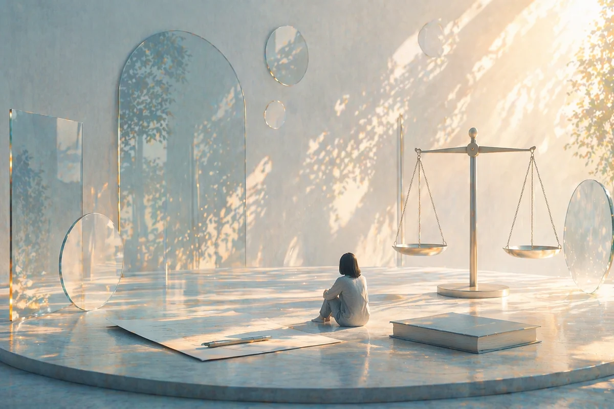 光の差す奥行きある空間で、揺れずに置かれた秤が契約形態に左右されない権利の土台を示す場面