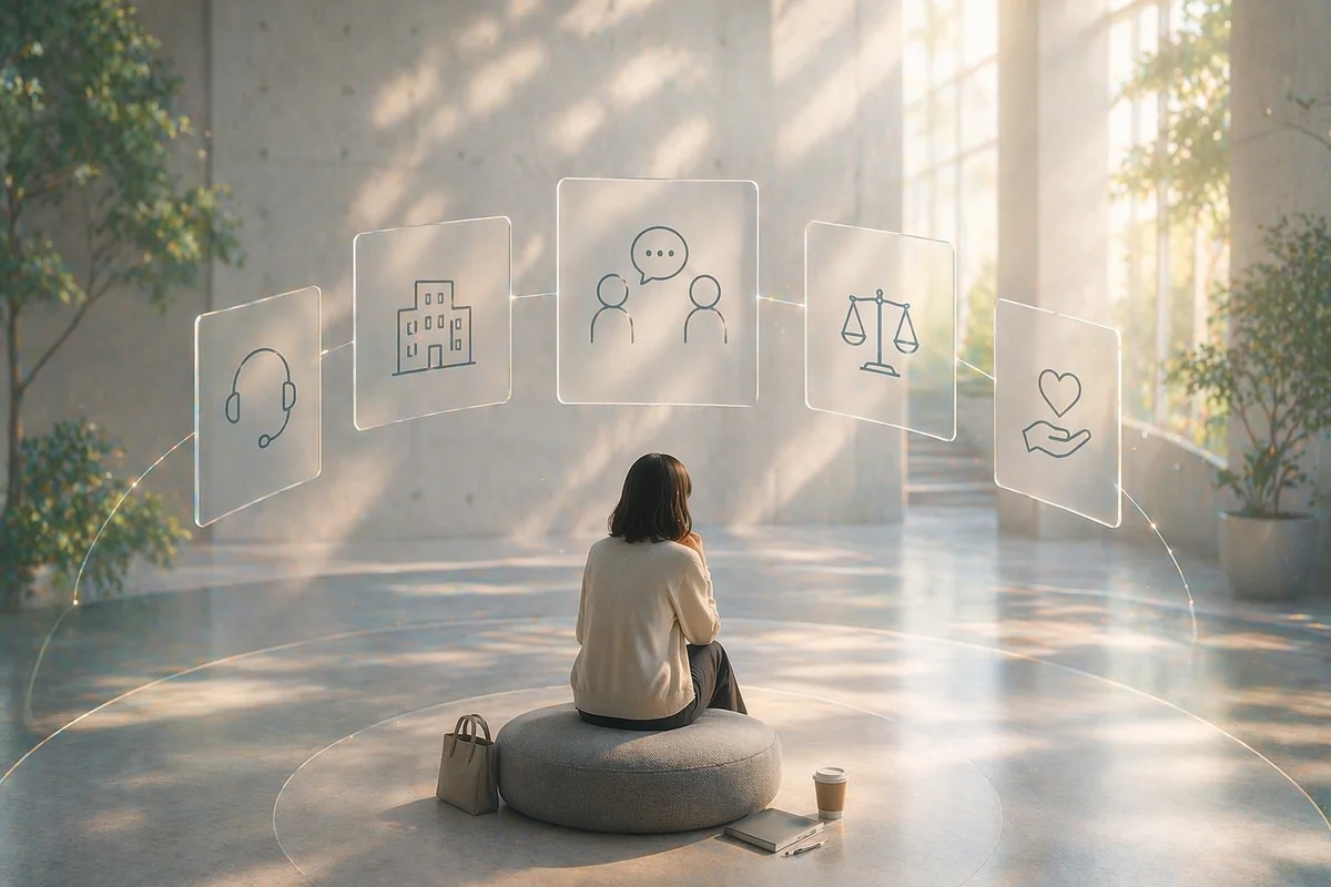 吹き抜けの静かな空間で、座る人物の周囲に相談先を思わせる窓が奥へ連なる情景