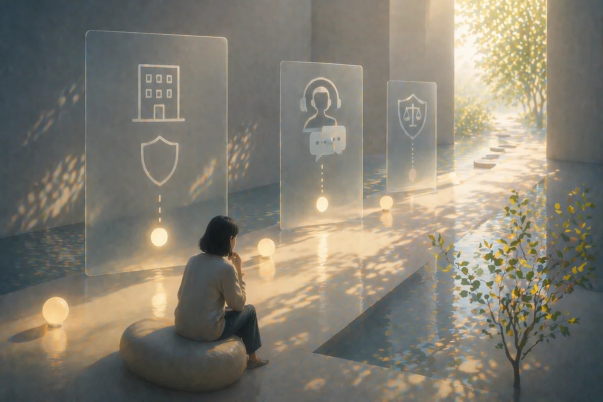 座る小さな人物の先に、社内から外部へ続く淡い案内板が相談順序の迷いを映す静かな空間