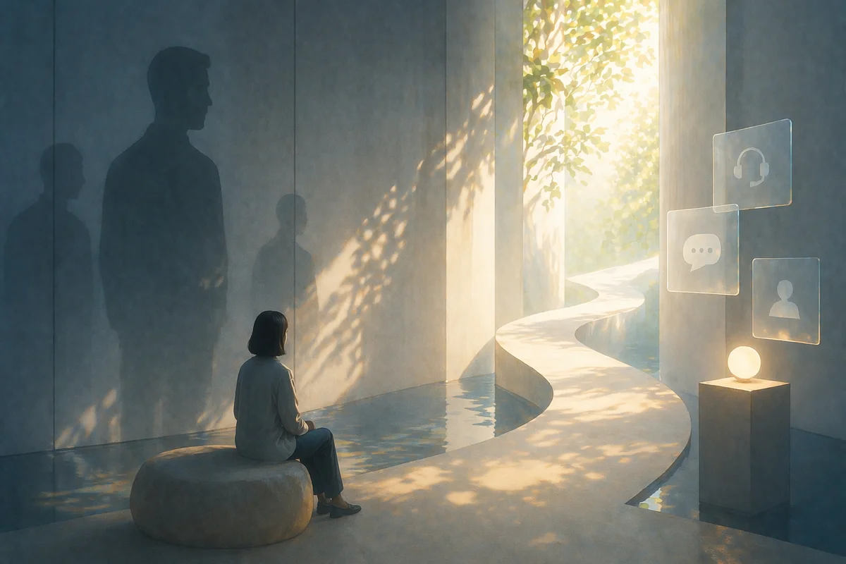 壁際に座る小さな人物の先に、外へ抜ける光の通路が続く相談先を探す静かな空間