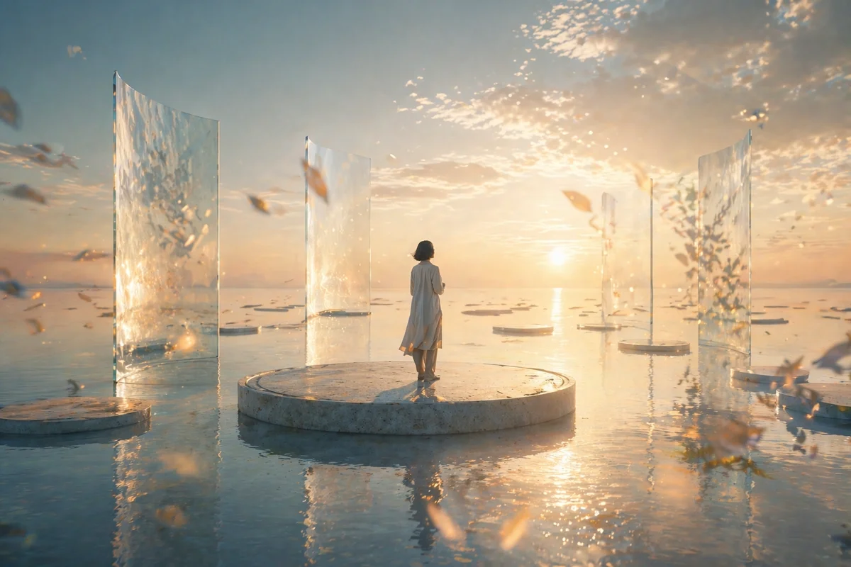 水面の円形台に立つ一人を透けた板状の空間が囲み、動かない状況の中で次の判断を探る奥行きある光景